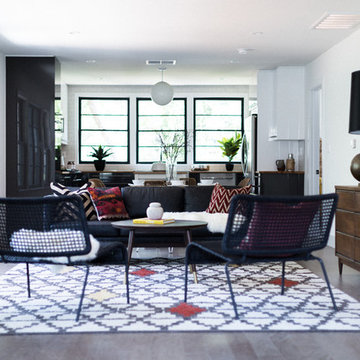 Black, White and Red Moroccan Inspired Space with Open Kitchen