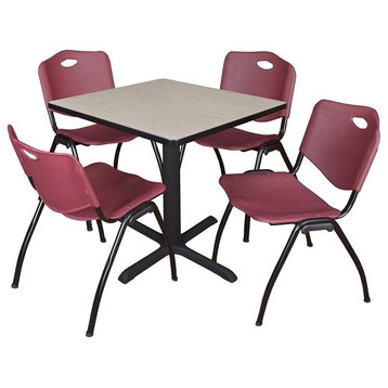 Cain 30" Square Breakroom Table, Maple and 4 'M' Stack Chairs, Burgundy