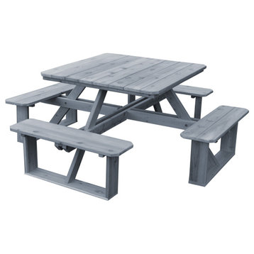 Cedar Square Picnic Table with Attached Benches, Gray Stain