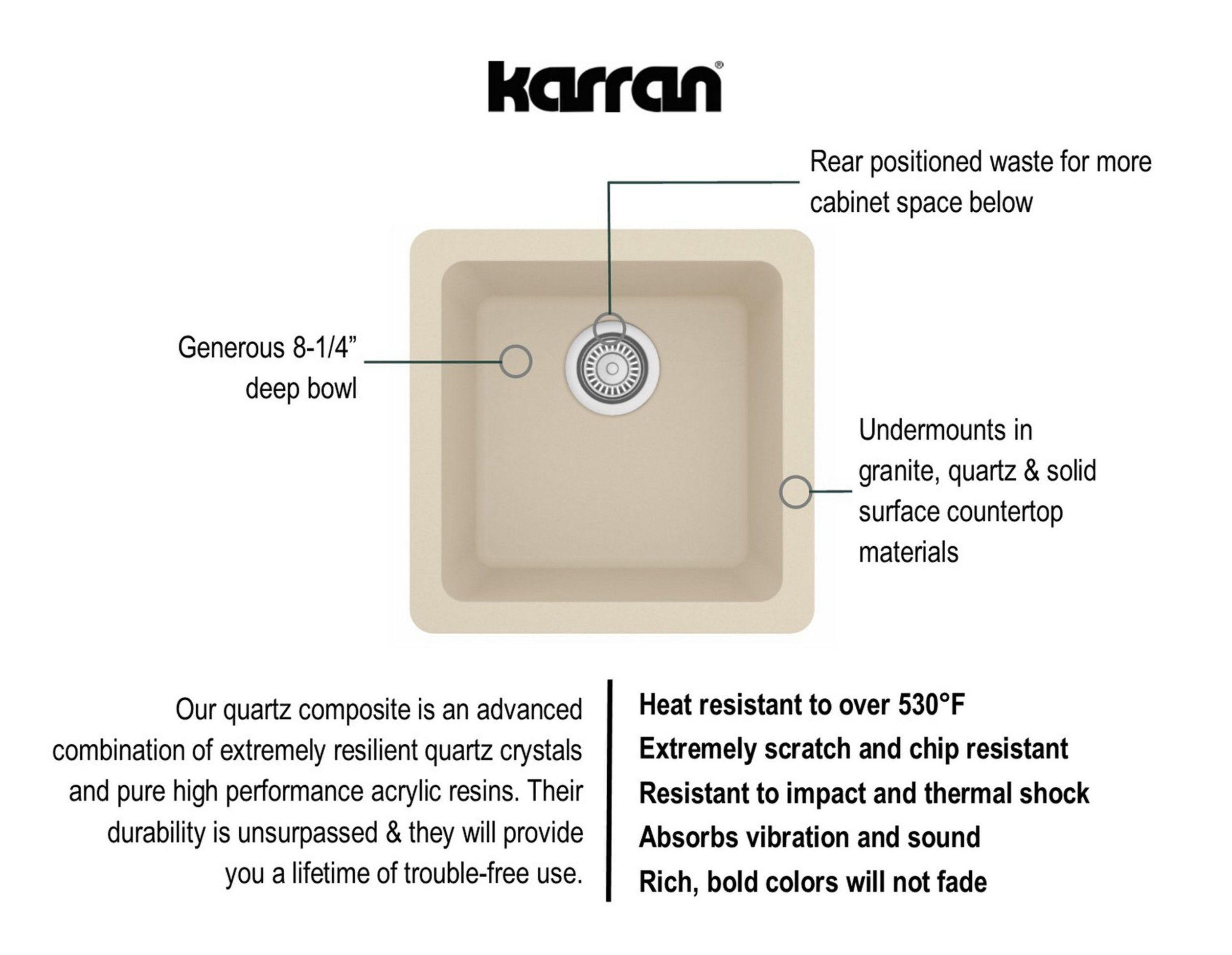 Karran Undermount Quartz Composite 17" Bar Single Bowl Sink, Bisque