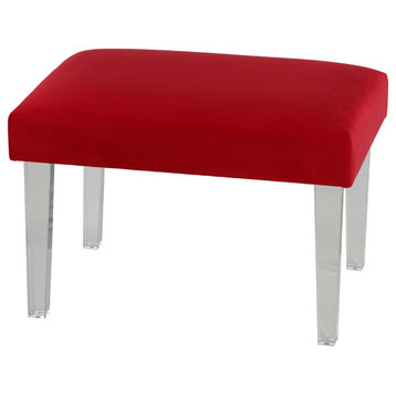 Cortesi Home Whitecrest Bench Ottoman With Clear Acrylic Legs 24" W, Red Velvet