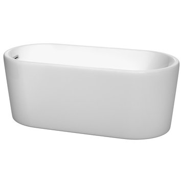 Ursula 59" Freestanding White Bathtub, Polished Chrome Drain and Overflow Trim