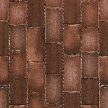 Faux Stitched Leather Patchwork Wallpaper, Dark Brown, Double Roll