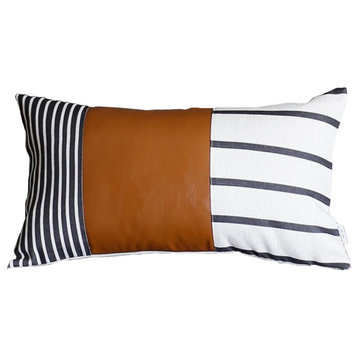 Geometric Brown Faux Leather And Stripes Lumbar Pillow Cover