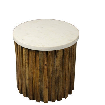 Orlando Accent Table with Marble Top and Layered Solid Wood Base in Ivory