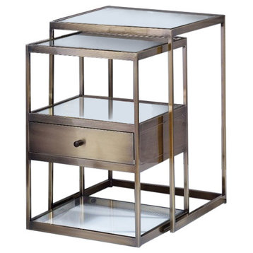 Benzara BM157311 Metal And Glass 2 Piece Nesting Table Set, Brown & Clear