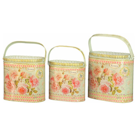 French country planters vintage painted metal decorative containers (Set of 3)