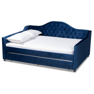 Bowery Hill Contemporary Velvet Upholstered Queen Daybed with Trundle in Blue