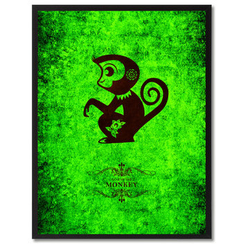 Monkey Chinese Zodiac Green Print on Canvas with Picture Frame, 13"x17"