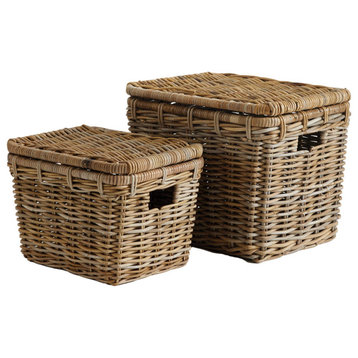 Set of 2 Large Rattan Storage Baskets with Lids Handles Trunks Linens Clothing