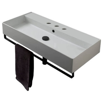 Rectangular Wall Mounted Ceramic Sink With Matte Black Towel Bar, Three Hole