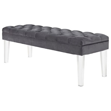 Modern Accent Bench, Acrylic Legs & Velvet Fabric Seat With Deep Tufting, Gray