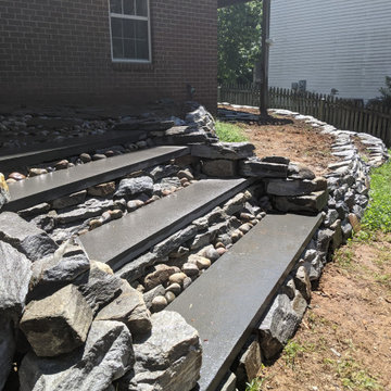 Drystack Terracing Natural Stone, Integrated Bluestone Steps, Dry Stream