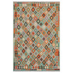 Bareens Designer Rugs - Rustic Turkish Kilim Sarah Hand-Woven Wool Rug - 5'10'' x 7'9'' - Elevate the elegance of your home with this stunning hand-woven tribal Kilim wool rug. Meticulously crafted on a loom by the Nomad Turkman people using hand-spun wool and 100% natural vegetable dyes, these rugs are recognized for their repetitive geometric patterns, incorporating naturalistic floral and traditional designs. The contemporary fashion palette results in bold, sharp patterns that are incredibly versatile, as the pattern is the same on both sides. These reversible rugs feature a lighter shade on one side and brighter colors on the other, providing versatility according to preference. These unique rugs are made by knotting short strands of different colors onto the warps and securing them by tightly pressing the wefts. The designs are created by interweaving the various colored wefts and warps. Kilims are known for their exceptional durability and versatility, making them truly unique rugs.  Product Details    Rug Size: 5'10'' x 7'9''  Material: 100% Wool  Style: Kilim, Flat Weave, Dhurrie, Turkish, Southwestern, Rustic, Tribal  Colors: Blue, Rust  Weave Type: Hand-Woven, Handmade  Pile Height: Less than 0.25 inch