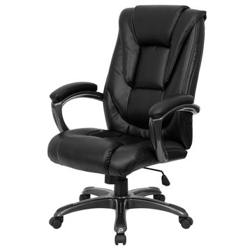 Swiveling Office Chair, Metal Base With Padded Faux Leather Seat & Arms, Black
