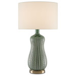 Currey & Company - Mamora Green Table Lamp - Knitting itself a perfect profile, our Mamora Green Table Lamp is made of ceramic with a green glaze. This table lamp with its slight feminine feel perches atop a metal base. The texture in the ivory shantung shade perfectly complements the leafy trellis pattern that runs along the body of the peanut-shaped lamp. We also offer the Mamora in a pale version.