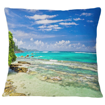 Tranquil Seychelles Tropical Beach Modern Seascape Throw Pillow, 16"x16"