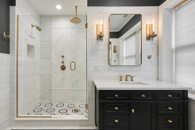 Bathroom - mid-sized transitional master white tile and porcelain tile mosaic tile floor, white floor and double-sink bathroom idea in Chicago with recessed-panel cabinets, black cabinets, white walls, an undermount sink, quartzite countertops, a hinged shower door, white countertops and a freestanding vanity