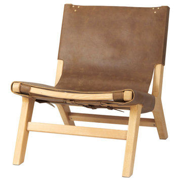 Elodie Brown Genuine Leather w/ Natural Solid Wood Frame Accent Chair
