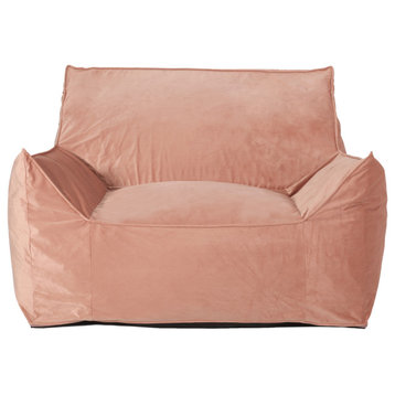 Ehlen Modern Velveteen Bean Bag Chair with Armrests, Pink + White