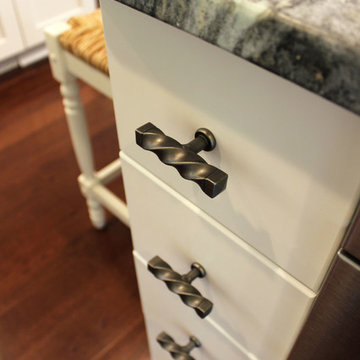 White Cabinets, Grey Countertops and Edgy Tile Backsplash