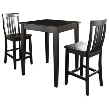 3-Piece Pub Dining Set With Tapered Leg and School House Stools, Black Finish