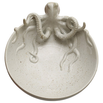 13.75 Inches Stoneware Octopus Bowl With Reactive Glaze, White Speckled