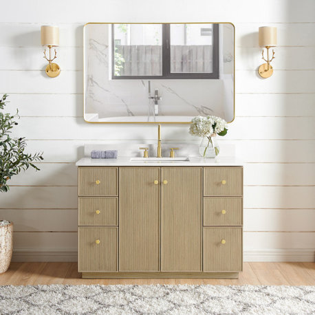 Oza Bath Vanity with Quartz Stone Top, Aged Natural Oak, 48", Single Vanity, With Mirror