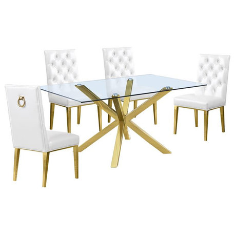 63"x 39" Rectangular Clear Glass 5pc Dining Set with Gold Stainless Steel