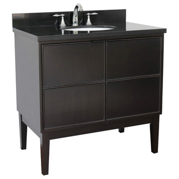37" Single Vanity, Cappuccino Finish With Black Galaxy Top And Oval Sink