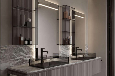 Bathroom - large contemporary master light wood floor, beige floor and double-sink bathroom idea in Other with flat-panel cabinets, gray cabinets, gray walls, a vessel sink, quartz countertops, gray countertops and a floating vanity