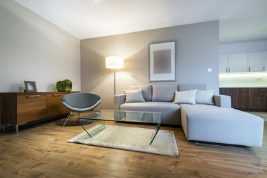 Example of a mid-sized minimalist formal and open concept medium tone wood floor and brown floor living room design in Toronto with gray walls, no fireplace and no tv