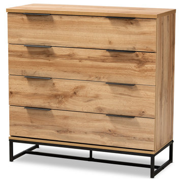 Wharton Industrial Oak Wood and Black Metal 4-Drawer Dresser