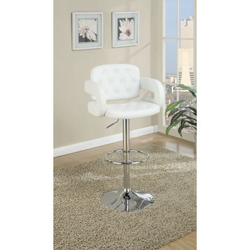 Adjustable Bar Stool with Armrests, White Faux Leather