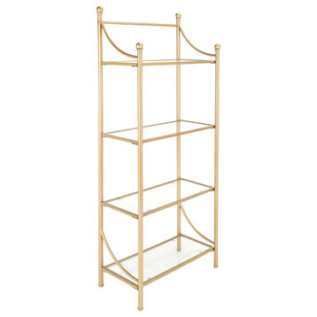 Tall Traditional Bookcase, Metal Frame & Open Shelves With Glass Panels, Gold