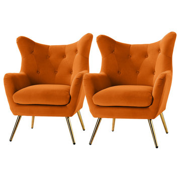 Upholstered Accent Chair With Tufted Back, Set of 2, Orange