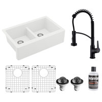 Karran All, One Farmhouse Quartz 34" Double Bowl Sink, White With Faucet