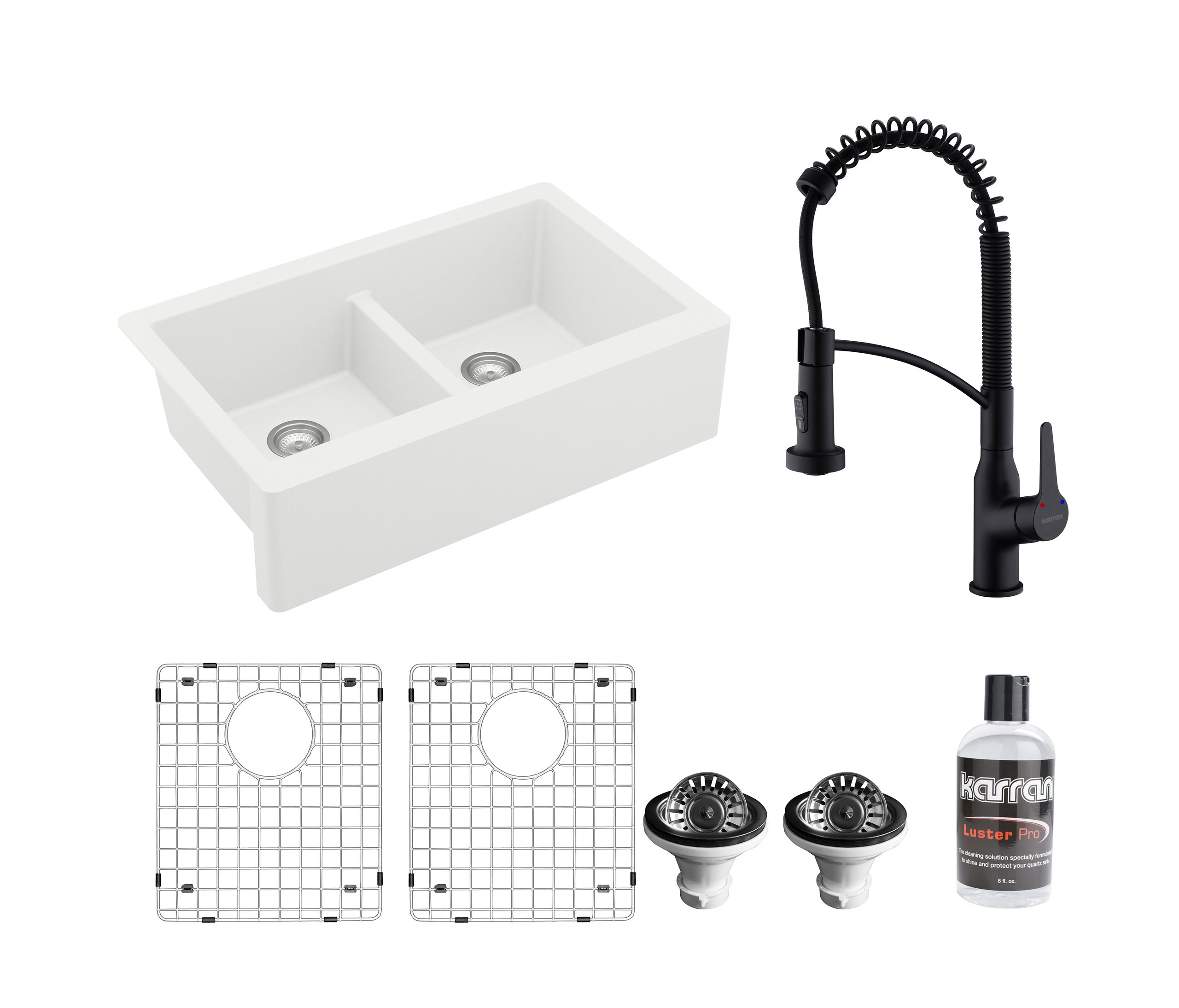 Karran All, One Farmhouse Quartz 34" Double Bowl Sink, White With Faucet