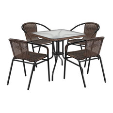 28" Glass Metal Table, Dark Brown Rattan Edging, 4 Rattan Stack Chairs