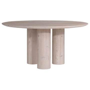 Eden 60" Round Recycled Pine 3 Post Pedestal Base Dining Table, Light Wash