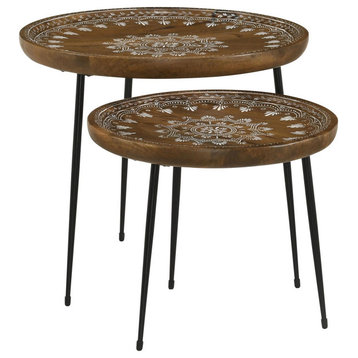 2-Piece Round Nesting Tray Top Table Set, Carved Edges, Motif Design, Brown