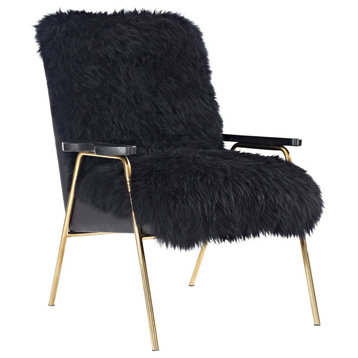Sheepskin Armchair, Mid Century Modern Fur Accent Chair, Gold Lounge Chair, Blac