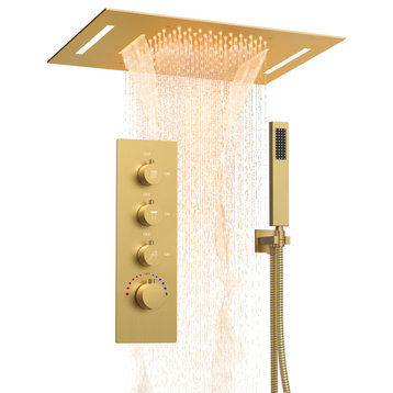 Thermostatic Shower System High-Pressure Rainfall Shower Head with LED Light, Brushed Gold, 22.83" L X 14.96" W