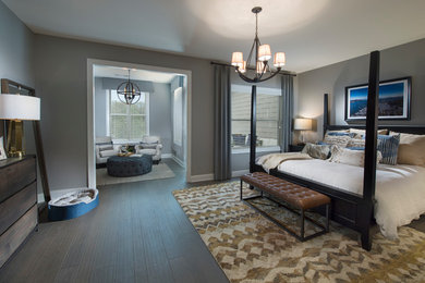 Design ideas for a large master bedroom in Atlanta with grey walls and dark hardwood floors.
