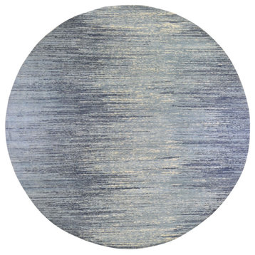 Pure Wool Ombre Design Blue Oceanic Zero Pile Handknotted Round Rug, 12'2"x12'2"