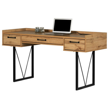 Pemberly Row Contemporary 59"W Desk with Drawers in Nordik Oak/Brown