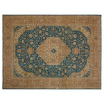 Bareens Designer Rugs - Antique Bohemian Sommer Teal/Brown Wool Rug - 9'8'' x 12'9'' - A mesmerizing addition to any decor, this brand-new hand knotted vintage wool rug featuring vibrant colors and a traditional design is made by skilled artisans capable of creating the most exceptional Persian knotted rugs. Harnessing the natural energy of the sun, each rug is organically neutralized from its original color, distressed and then saturated in an infusion of a bold vibrant color pallet to give it a fresh perspective and modern appeal. This masterpiece draws its inspiration from traditional and timeless rug designs, which provides both harmony and contrast bringing a phenomenal twist in any decor. An intricate design and exquisite coloration make this wool rug a standout piece for any room.