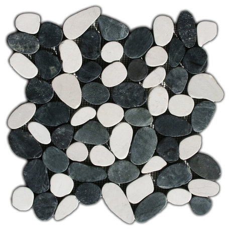 Natural 12x12 Sliced Black & White Pebble Tile with Mesh Backing