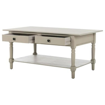 Transitional Coffee Table, Carved Legs With Lower Shelf & Drawers, Vintage Gray