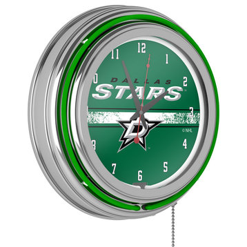 NHL Chrome Double Ring Neon Clock, 14", Dallas Stars